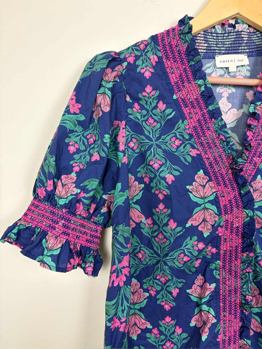 TODAY SALE 🎈🎈Entro Pink Floral Puff Sleeve Cottagecore Blouse Size Large - Picture 4 of 9